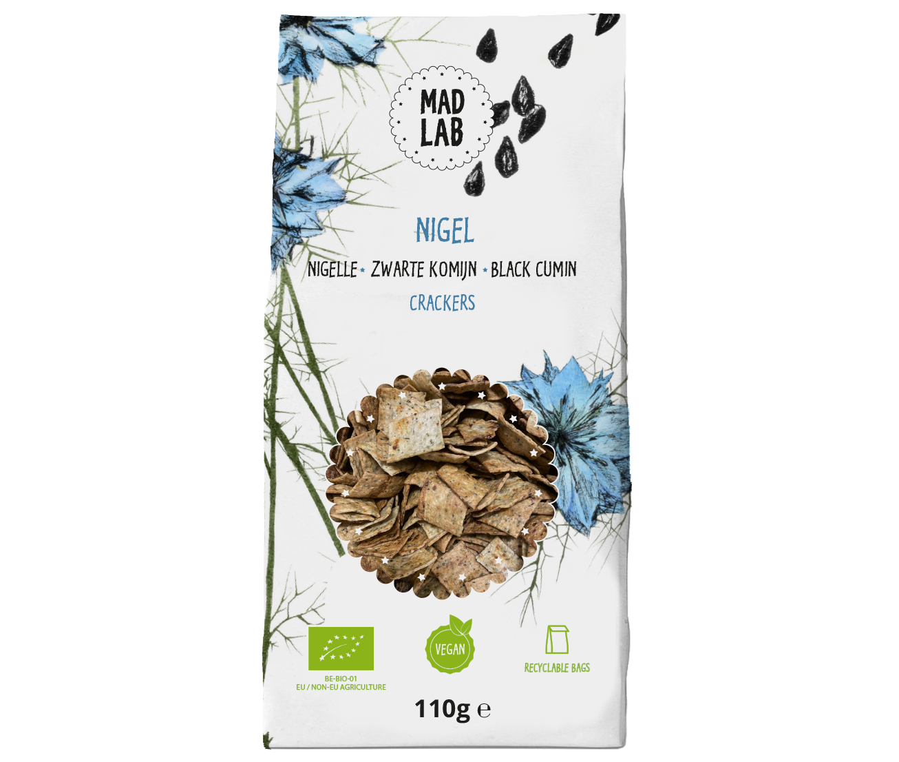 MadLab - Zwarte komijn crackers &quot;Nigel&quot; - 110gr